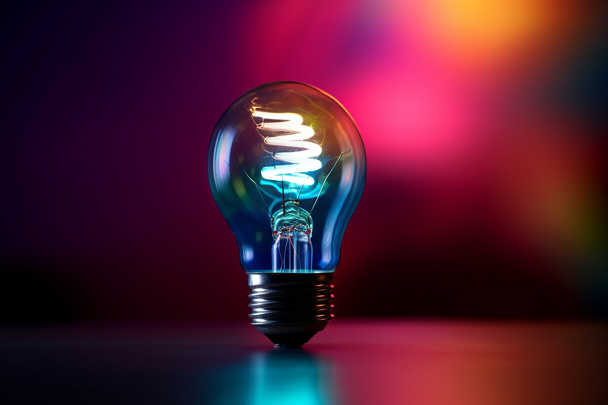 A lit lightbulb against a blurred magenta and orange background