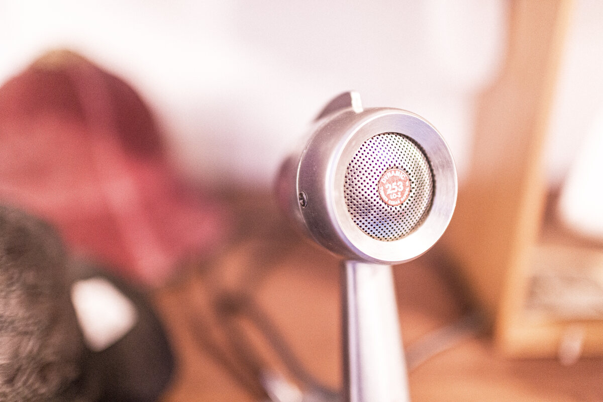Close-up of a vintage ribbon microphone