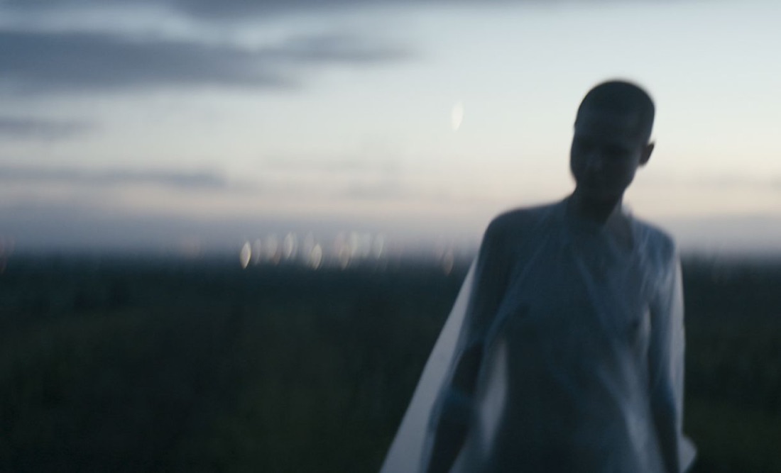 A figure in a pale cloak walking through open grassland at dusk